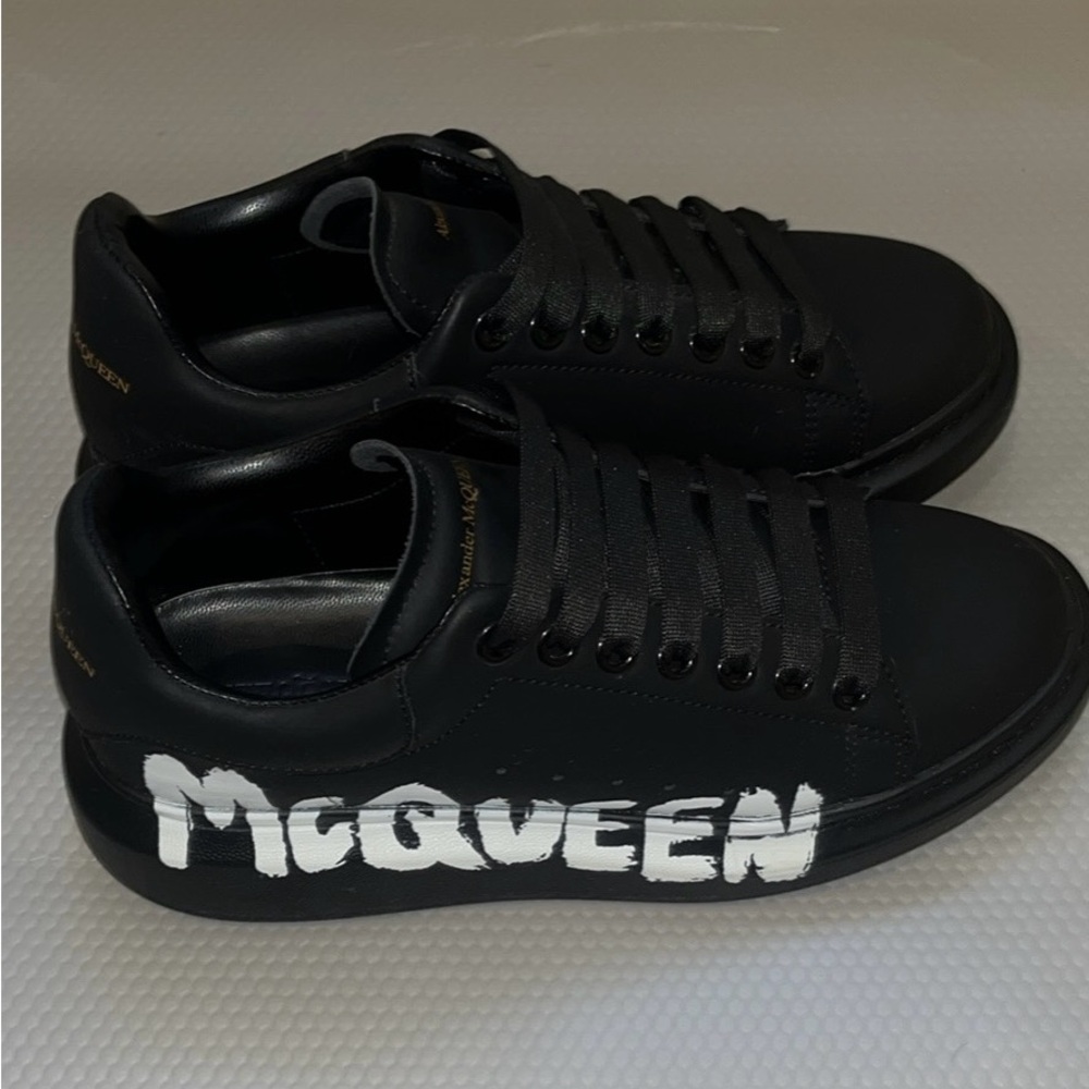 Alexander McQueen Black Leather Sneakers with White Side Logo